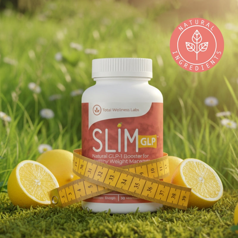 SlimGLP supplement bottle with lemons and a measuring tape on grass, indicating weight management.